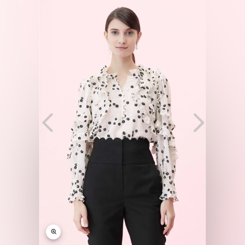 Rebecca Taylor Alessandra Embroidered Blouse Size 2 Cream Floral Black Ruffle